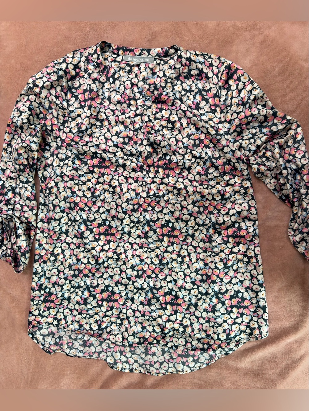 Daniel Rainn Black Floral Blouse with Pink and Cream Blooms